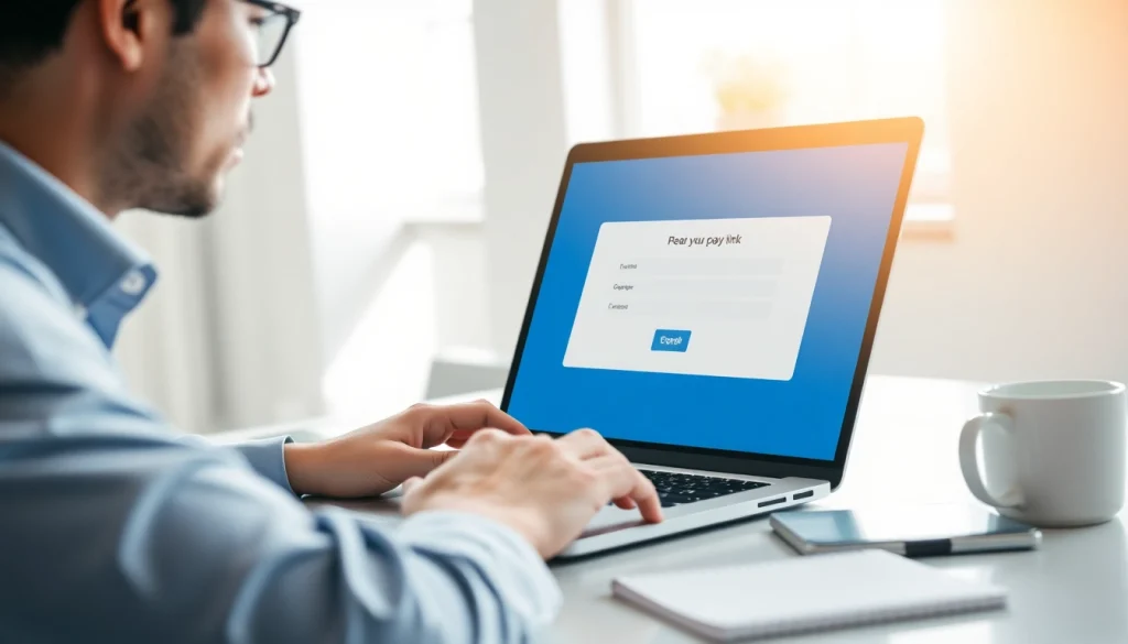 Create a pay link for a file by an individual working on a laptop in an office.