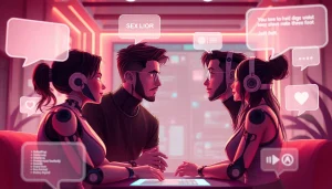 Engaging visual of sex chat AI characters interacting in a warm, futuristic digital chat environment.