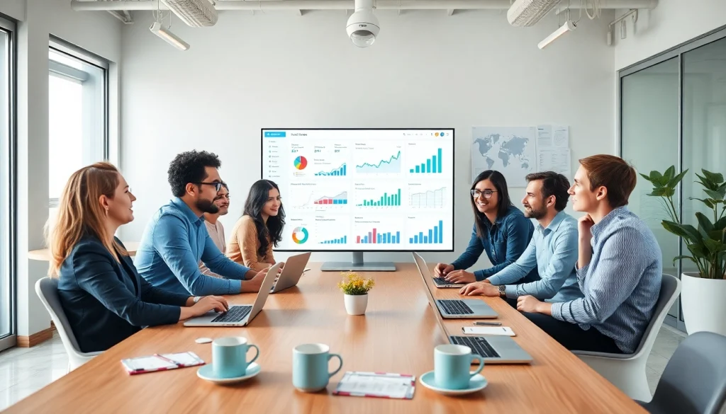 Engaged team discussing strategies for facebook smm panel in a bright office.