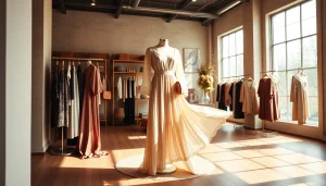 Showcasing Rivelle fashion garments in an elegant, warmly lit boutique.