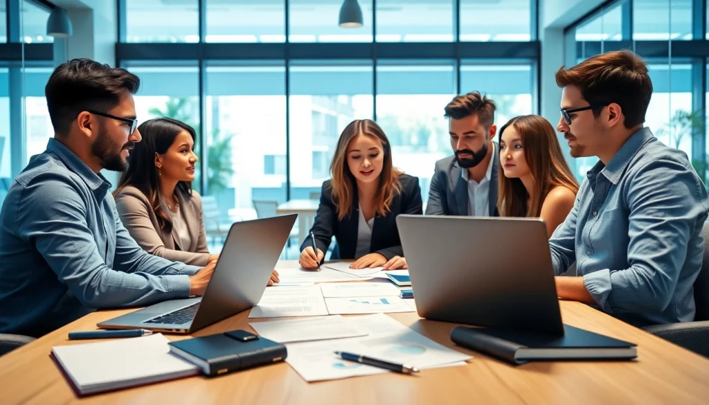 Team engaged in effective Proposal Writing and Management, collaborating in a bright office.