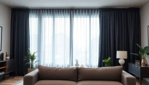 Verduisterende gordijnen benadrukken privacy en stijl in een moderne woonkamer.