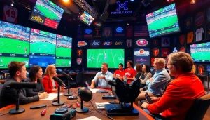 Engaging sports broadcasting analysts discussing live events in a vibrant studio.
