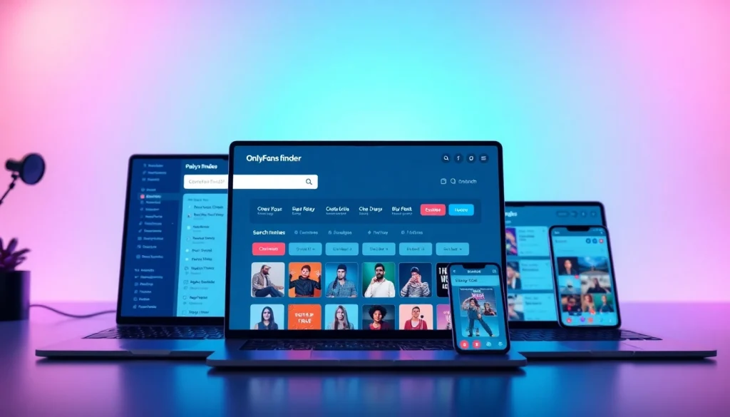 OnlyFans finder interface showcasing search tool features and vibrant digital elements.