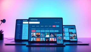 OnlyFans finder interface showcasing search tool features and vibrant digital elements.