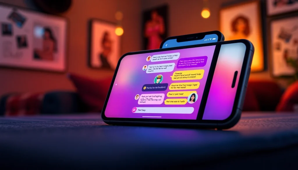 Interactive NSFW AI chat interface on a sleek smartphone in a cozy lounge setting.