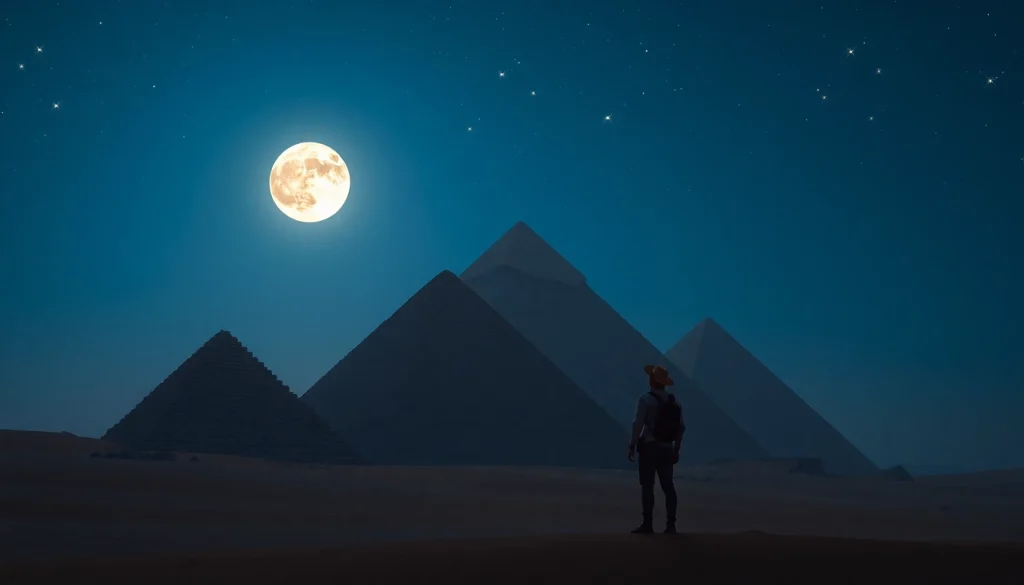 Witness pyraminds illuminated under a starry night sky, showcasing the Great Pyramid's majesty.