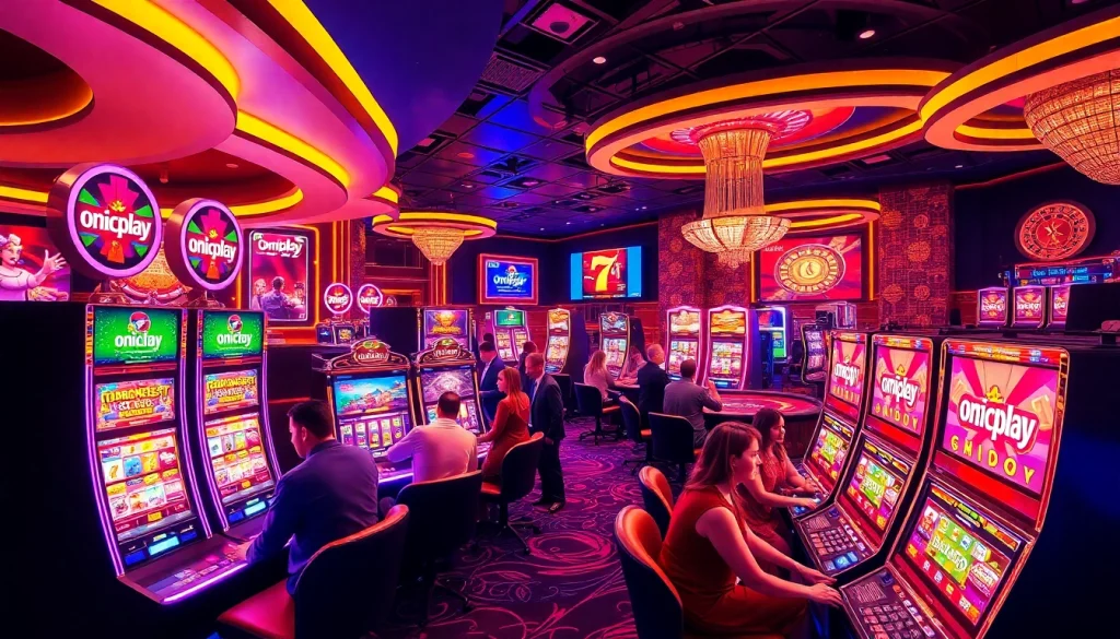 Experience onicplay excitement at a luxurious casino, featuring vibrant slot machines and thrilling gaming action.