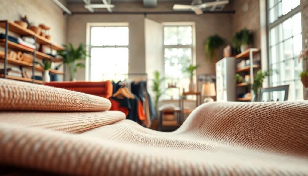 Ribcord stof presentatie in een warme boutique setting met divers kleurgebruik.