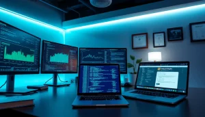 Innovative digital workspace showcasing infosec themes with cybersecurity data and advanced technology.