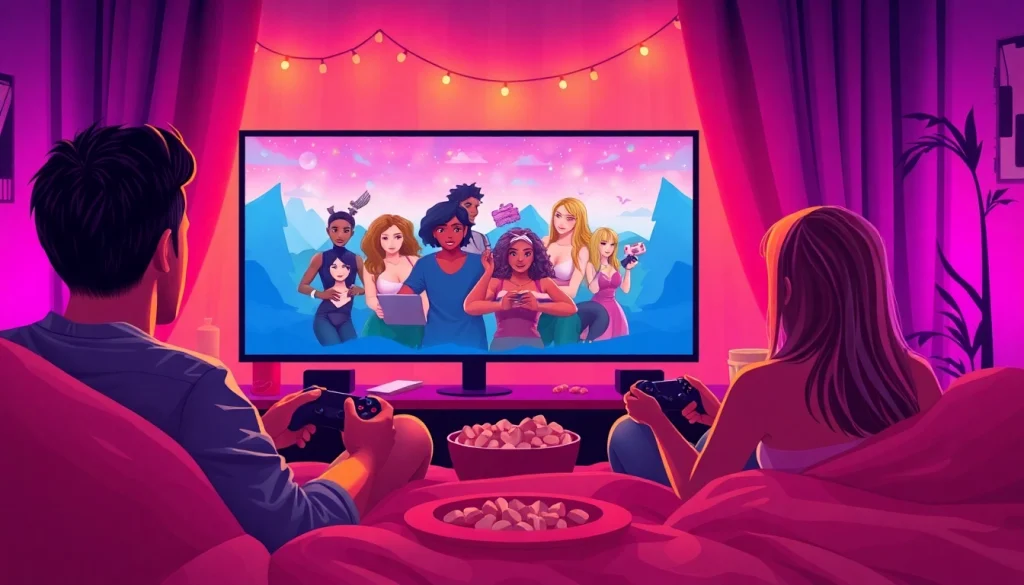 Play engaging HTML porn games with diverse characters in a cozy gaming setup.