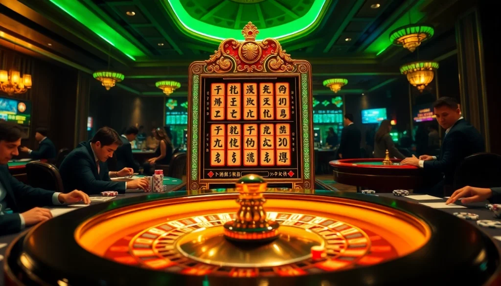 Experience the thrill of a mahjong slot demo surrounded by an electrifying casino atmosphere with players at poker tables.