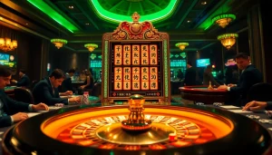 Experience the thrill of a mahjong slot demo surrounded by an electrifying casino atmosphere with players at poker tables.