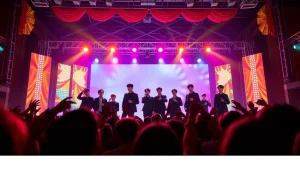 BTS news highlights vibrant performance with energetic fans cheering.