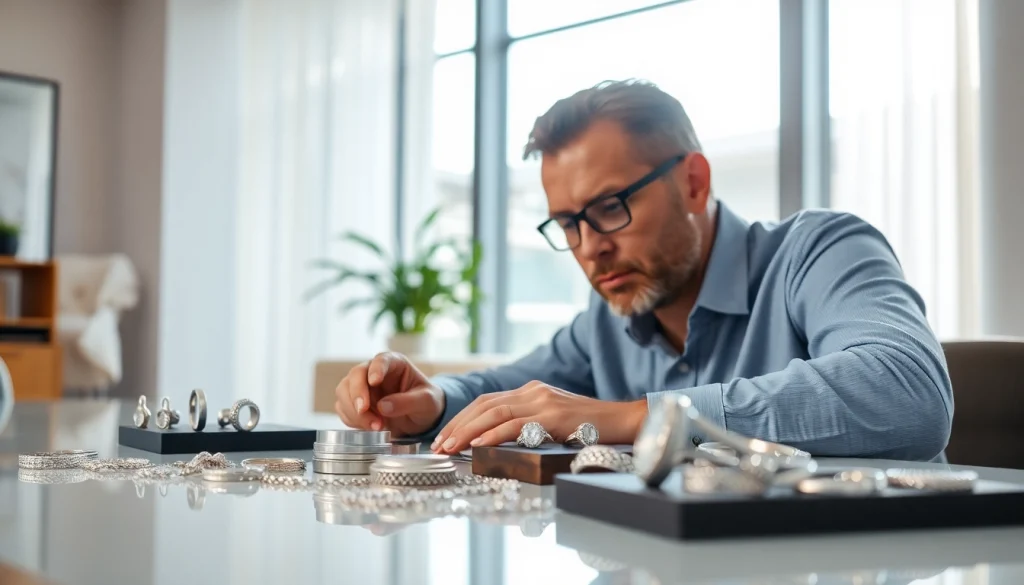Acquista compro argento con esperto che valuta gioielli in un ambiente elegante.