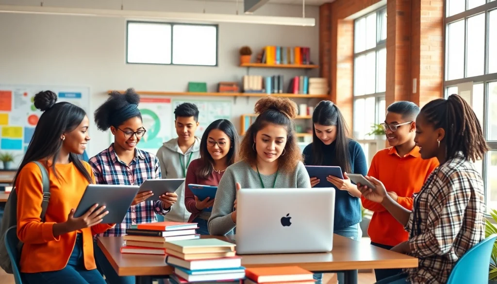 Education scene with diverse students collaborating in a bright classroom.