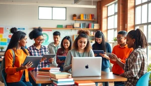 Education scene with diverse students collaborating in a bright classroom.