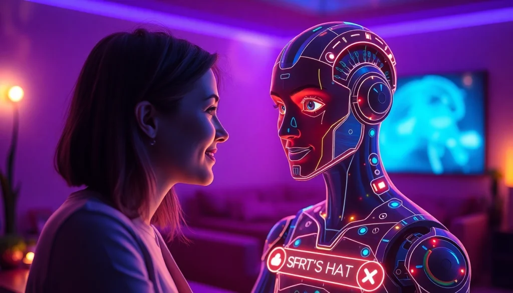 Immersive AI sex chat interface with a user interacting with a holographic character.
