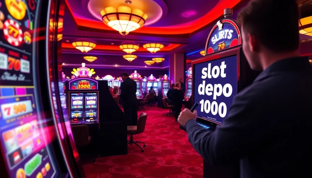 Mainkan mesin slot depo 1000 dalam suasana kasino yang meriah dan cerah.