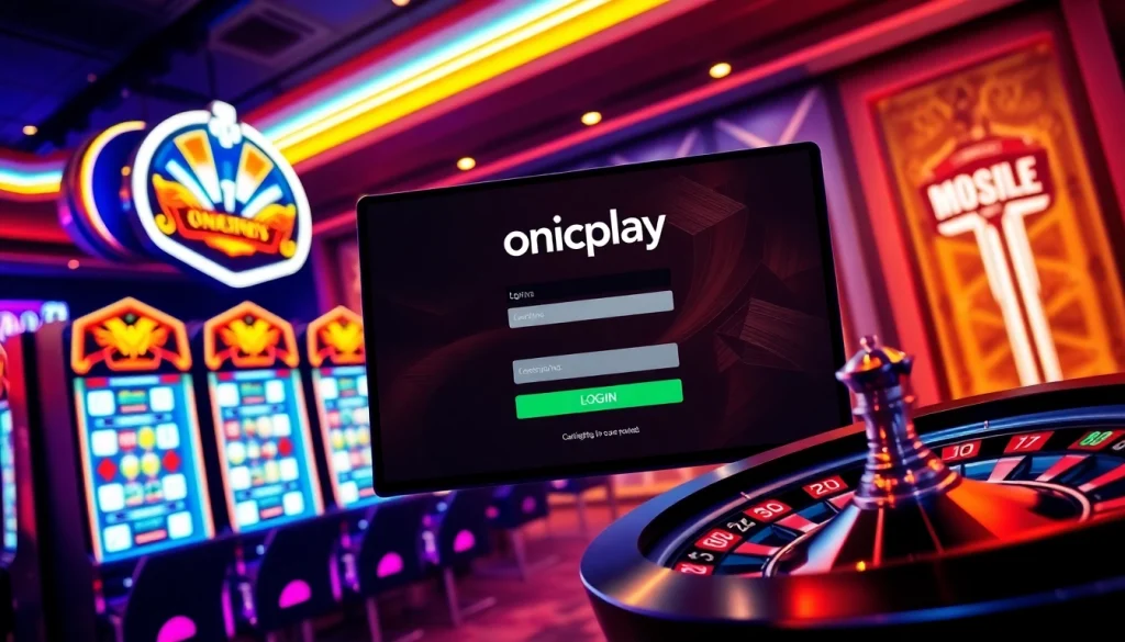 Experience the thrilling onicplay login with vibrant casino visuals and slot machines.
