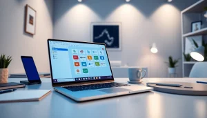 现代工作空间中，一台时尚笔记本电脑上显示的 WPS Office 界面，展示高效生产力工具。