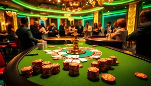 Pemain menikmati permainan seru di kasino dengan chip poker Depo 5k dan roda roulette.