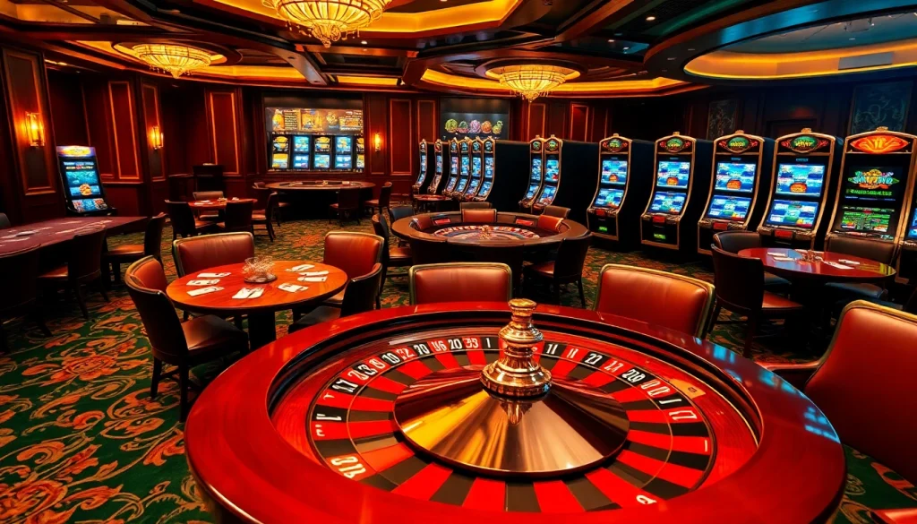 Scène excitante de casino en ligne français avec une roue de roulette tournante et des jetons de poker.