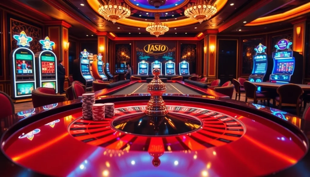 Scène captivante dans un casino en ligne français de luxe avec des tables de roulette et de poker vibrantes.