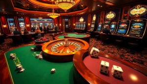Scène excitante d'un casino en ligne français avec roulette, tables de poker et machines à sous vibrantes.