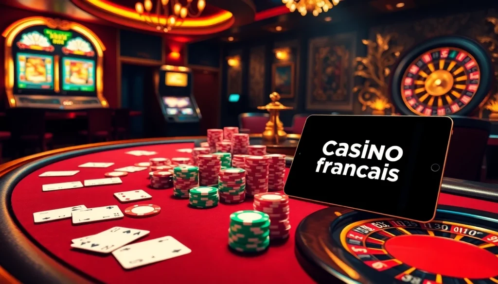 Scène passionnante d'un casino en ligne français présentant une table de poker à enjeux élevés avec des jetons de poker vibrants.