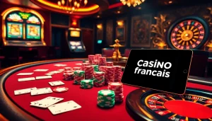 Scène passionnante d'un casino en ligne français présentant une table de poker à enjeux élevés avec des jetons de poker vibrants.