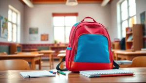 Handtasche für Schulen auf einem Schreibtisch in einem hellen Klassenzimmer präsentiert.