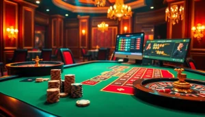 Gameplay passionnant à une table de casino en ligne français luxueuse avec des jetons de poker et des interfaces en ligne.