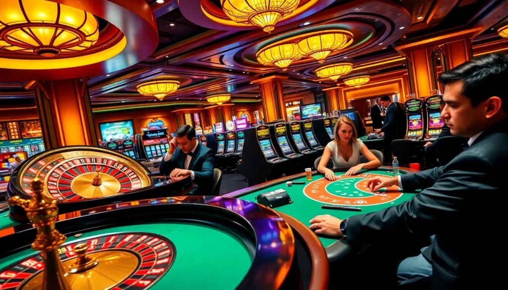 A thrilling gambling scene at mm88.br.com with players enjoying roulette and poker, vibrant casino atmosphere.