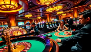 A thrilling gambling scene at mm88.br.com with players enjoying roulette and poker, vibrant casino atmosphere.