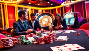 Découvrez l'excitation du casino en ligne français avec une scène de jeu dynamique mettant en vedette des jetons de poker et un gameplay captivant.