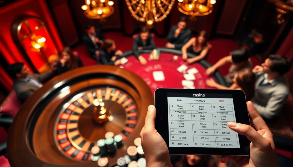 Un groupe de parieurs enthousiastes s'engageant avec la roulette et le poker dans un casino en ligne français.