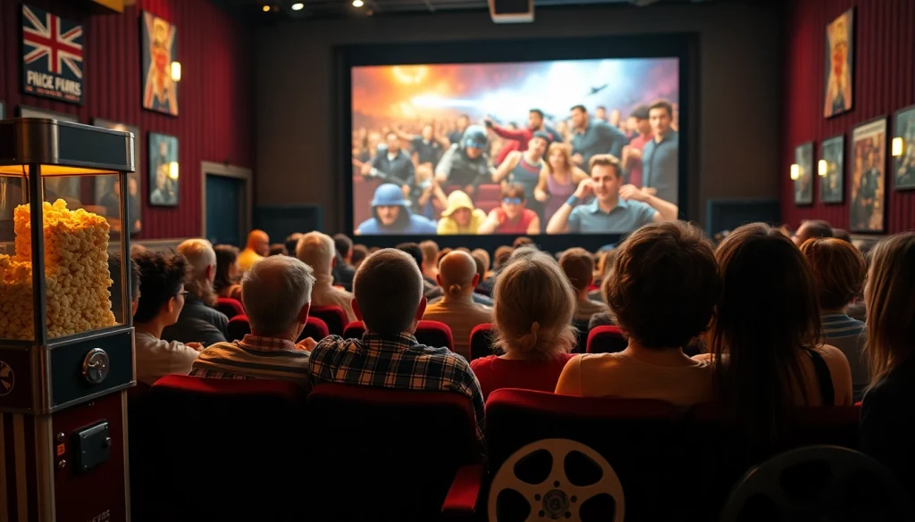 ดูหนังในโรงภาพยนตร์ที่เต็มไปด้วยผู้ชมที่ตื่นเต้น
