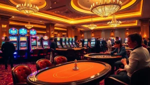 Des joueurs profitant d'une expérience exaltante dans un environnement de casino en ligne français luxueux avec des jeux vibrants.