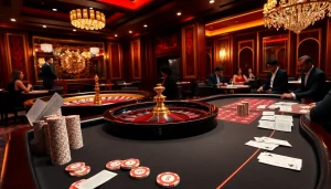 Experience the excitement of shbet at a luxurious casino table with players, chips, and cards.