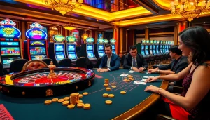 Atmosphère passionnante de casino en ligne français avec roulette, poker et machines à sous vibrantes.