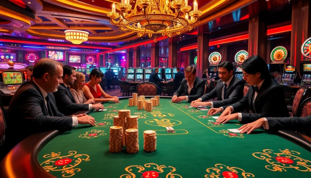 Hay88 poker players strategizing at an upscale table in a vibrant casino setting.