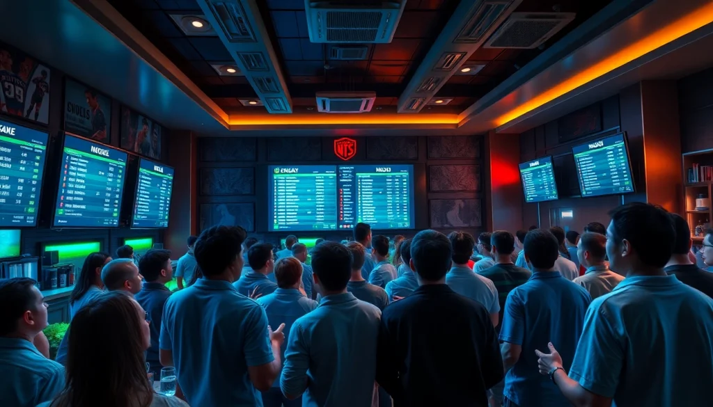 Kèo nhà cái displayed on digital screens in an energetic sports lounge setting with fans engaged in discussions.