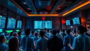 Kèo nhà cái displayed on digital screens in an energetic sports lounge setting with fans engaged in discussions.