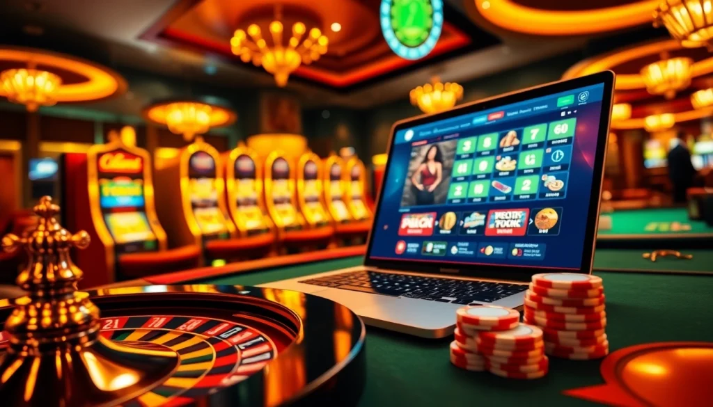 Scène de jeu passionnante mettant en avant le casino en ligne français avec des tables de poker de luxe et des interfaces en ligne élégantes.