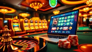 Scène de jeu passionnante mettant en avant le casino en ligne français avec des tables de poker de luxe et des interfaces en ligne élégantes.