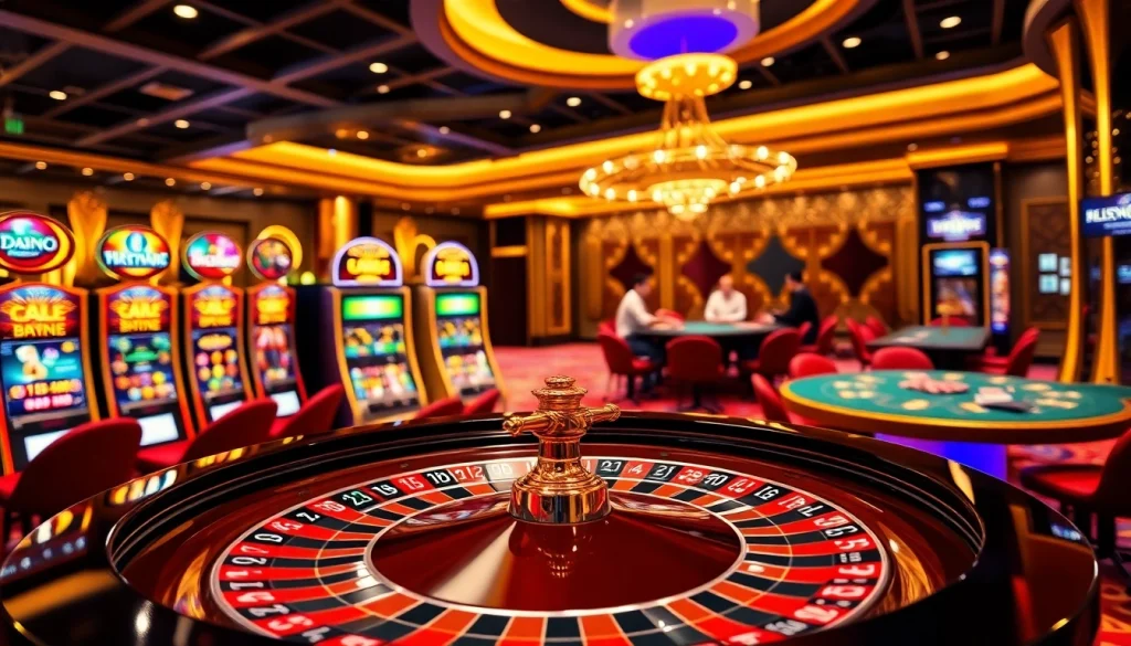 Scène excitante de casino en ligne français avec roulette, machines à sous colorées et joueurs engagés.