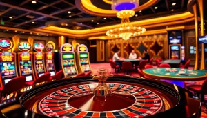 Scène excitante de casino en ligne français avec roulette, machines à sous colorées et joueurs engagés.