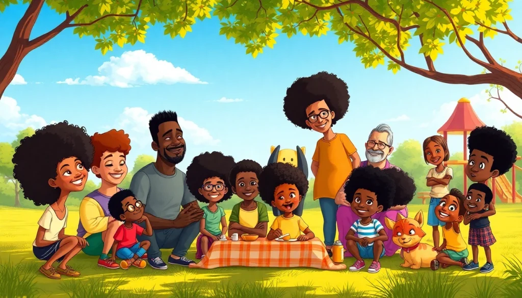A lively park scene featuring diverse animated characters from African American cartoons like The Proud Family, showcasing joy and cultural celebration.