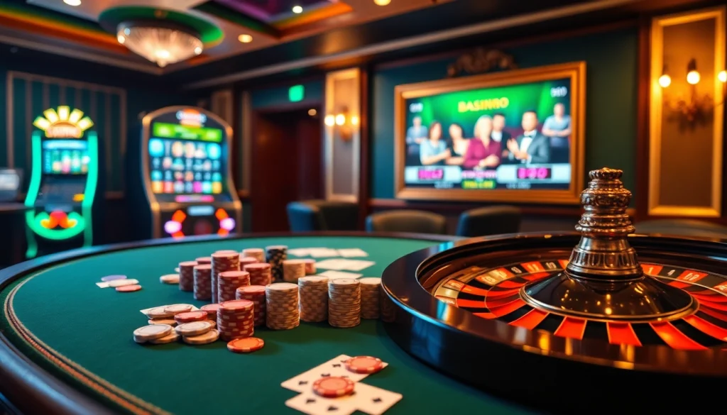 Scène de jeu en ligne captivante avec des jetons de poker et une roulette dans un casino en ligne français.